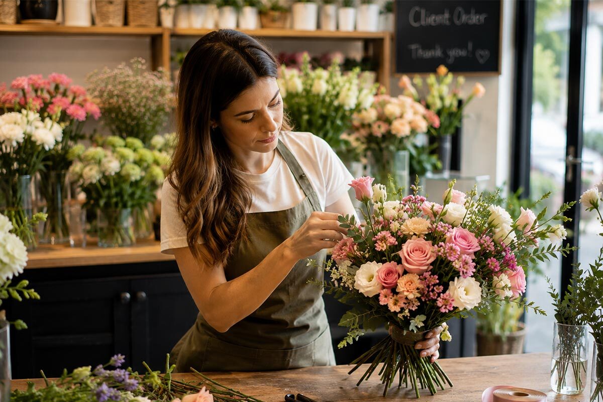 Florist arranging a soft pink and white flower bouquet for a customer order inside a modern flower shop.