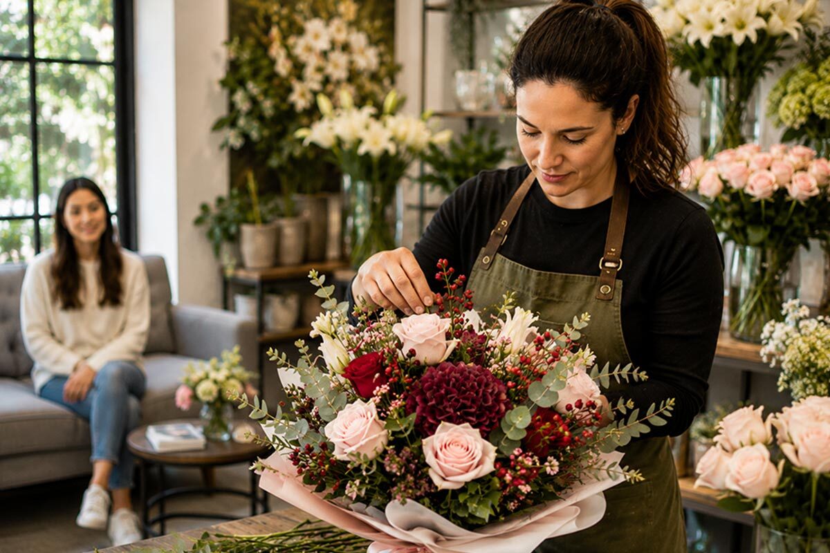Florist arranging an elegant berry flower bouquet in a cozy flower shop while a customer waits in the lounge area.