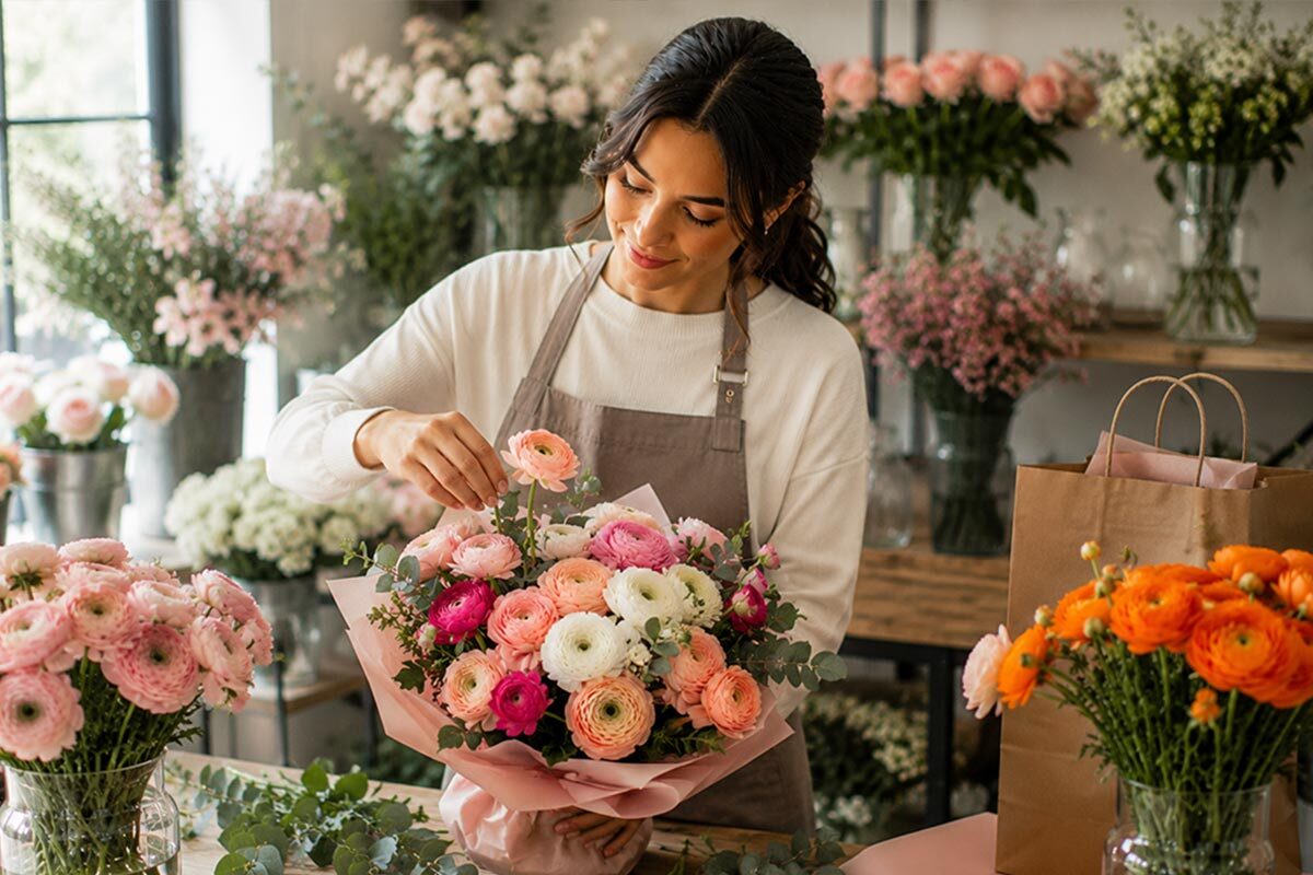Florist arranging a pastel ranunculus bouquet for a customer order inside a bright flower shop surrounded by fresh blooms and wrapping supplies.