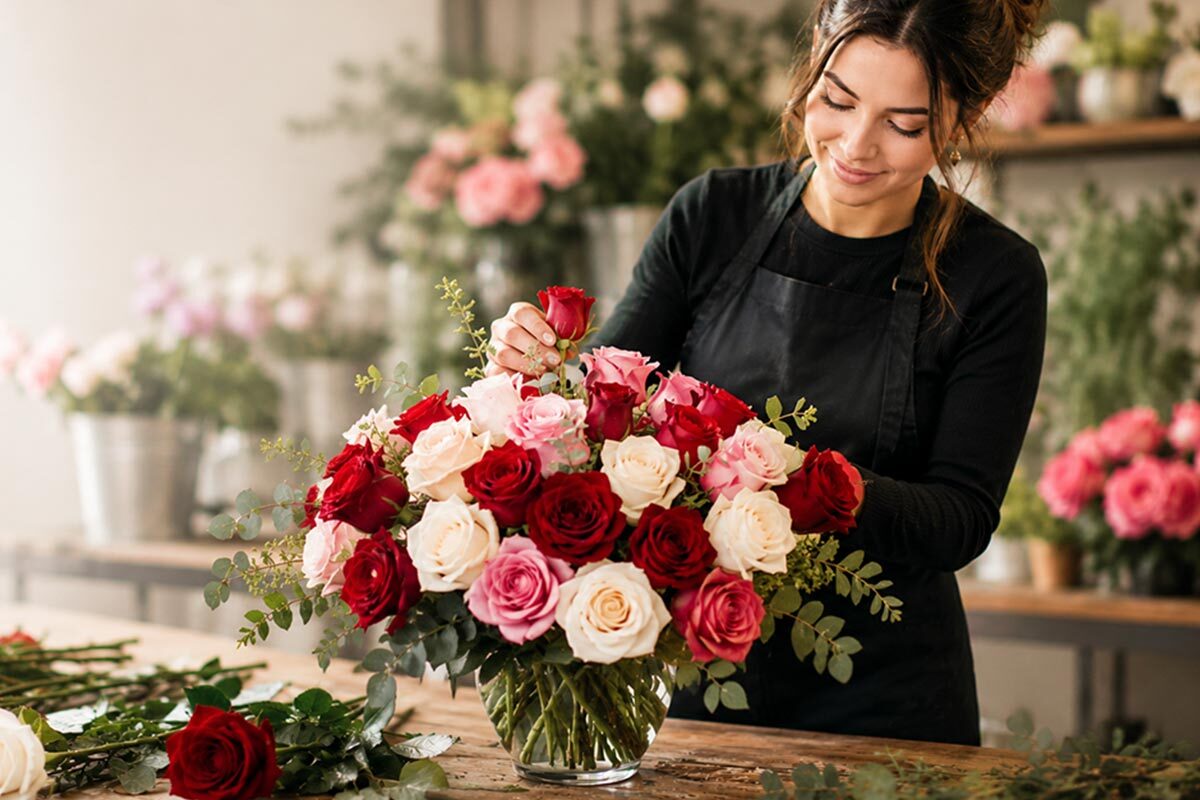 Florist arranging a vibrant bouquet of red, pink, and white roses in a bright flower shop with fresh blooms displayed on a wooden table.