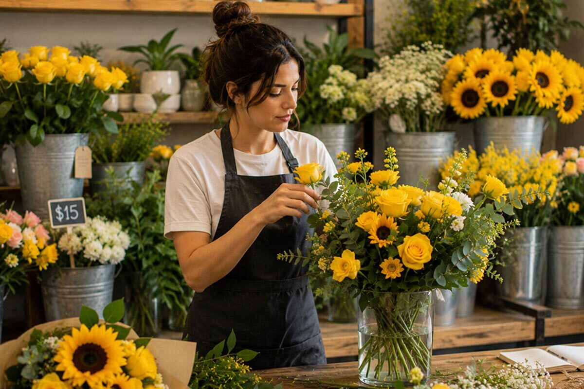 Florist arranging vibrant yellow flower bouquets with roses and sunflowers inside a cozy flower shop filled with fresh floral arrangements.