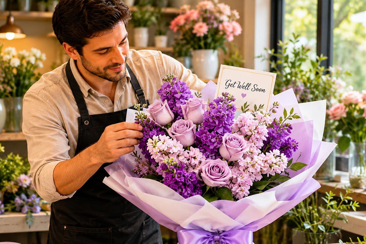 Florist arranging a purple and pink get well flower bouquet wrapped in soft lavender and white paper inside a bright flower shop.