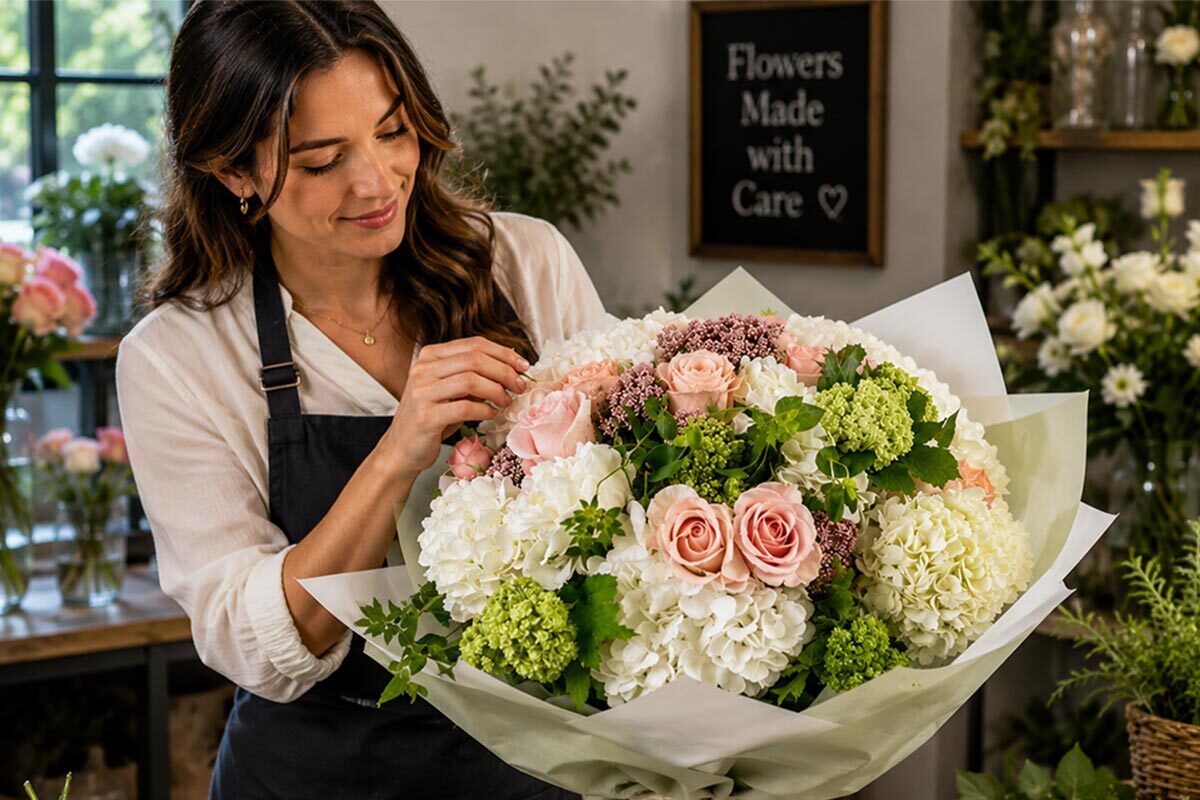 Florist arranging a large pastel flower bouquet wrapped in white and soft green paper inside a cozy flower shop.