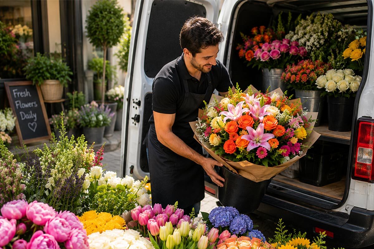 Florist unloading vibrant flower deliveries from a van surrounded by colorful roses, tulips, lilies, hydrangeas, peonies, and sunflowers outside a flower shop.