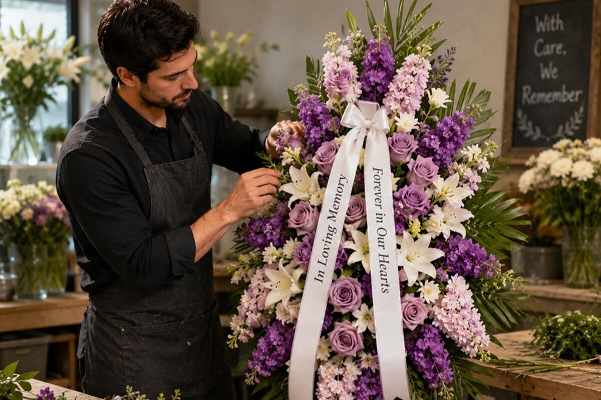 Florist arranging an elegant purple and white funeral standing spray inside a flower shop.