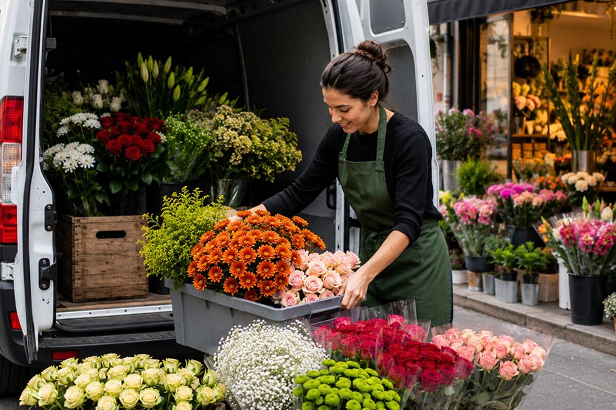 Florist unloading fresh flower deliveries from a white van outside a flower shop, surrounded by vibrant mums, roses, and assorted blooms arranged in crates and bouquets.