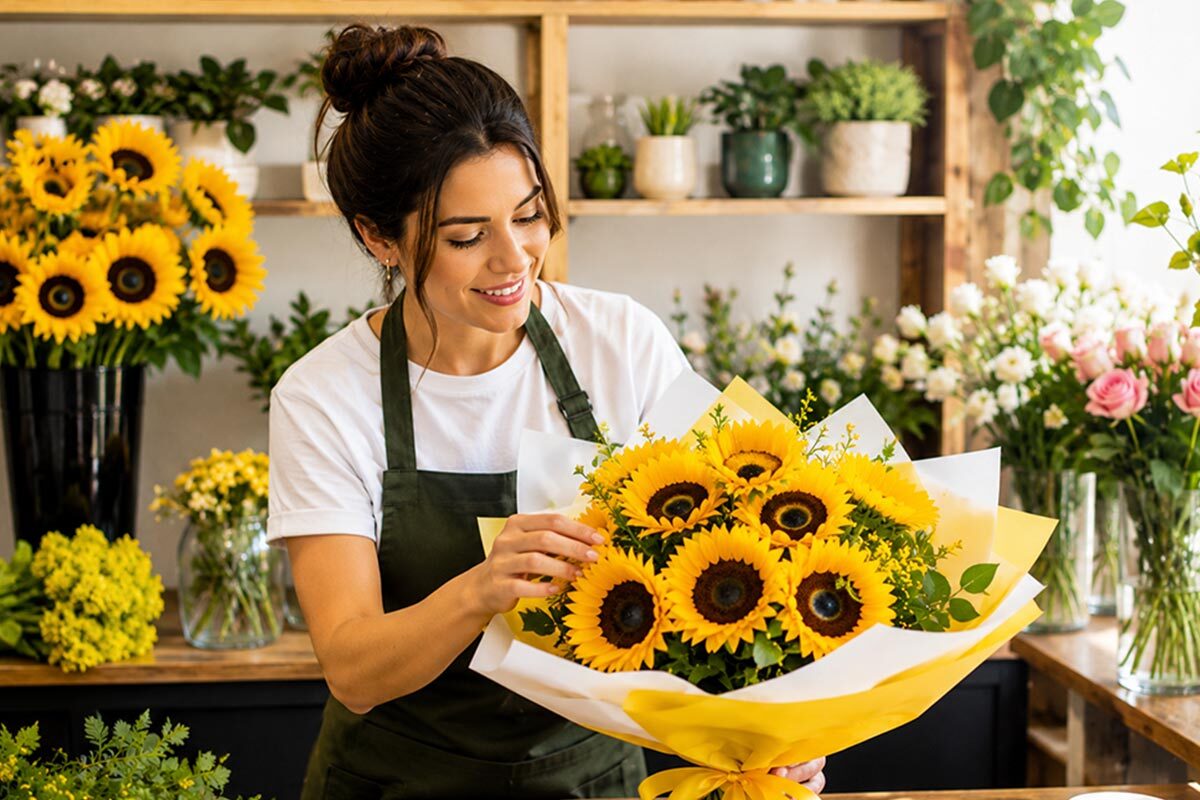 Florist arranging a bright sunflower bouquet wrapped in yellow and white paper inside a modern flower shop.