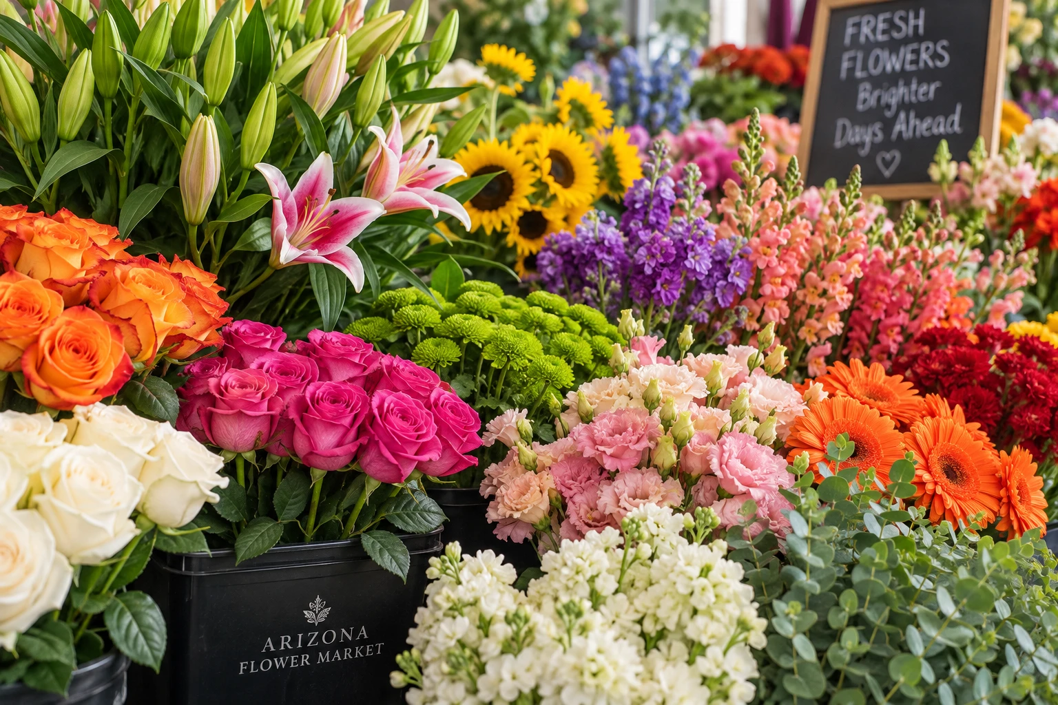 Fresh colorful flowers available at Arizona Flower Market in Phoenix
