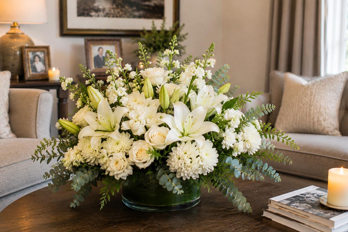 Elegant white sympathy flower arrangement with lilies and roses displayed on a living room center table.