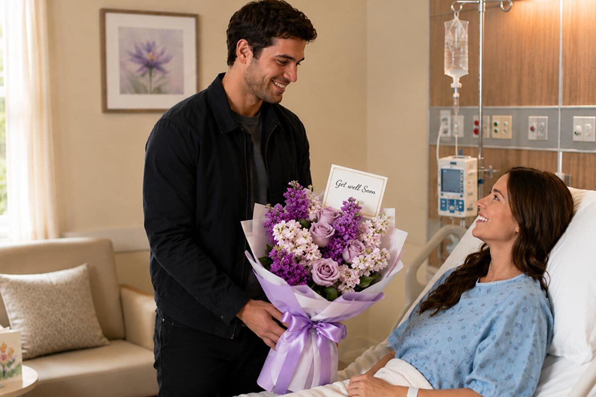 Man giving a purple flower bouquet with a Get Well Soon card to his smiling wife in a hospital room.