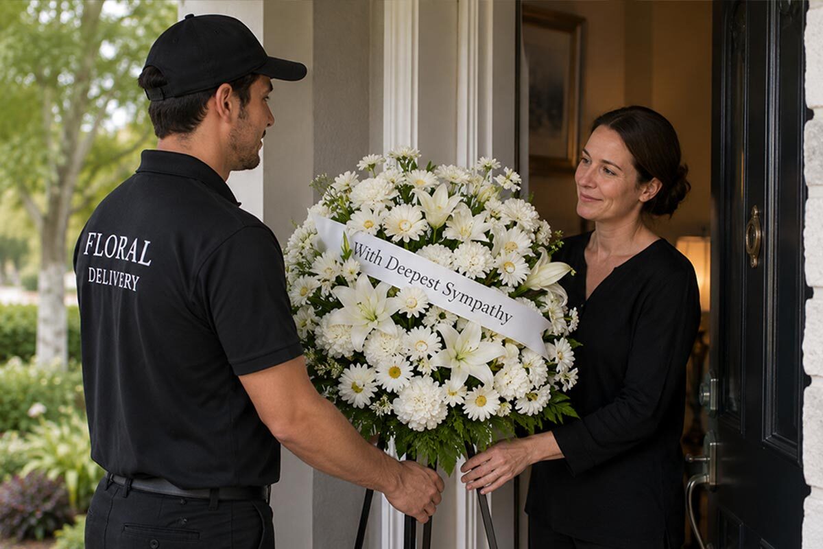 Delivery man handing a white funeral standing spray with lilies and daisies to a woman at her front door.