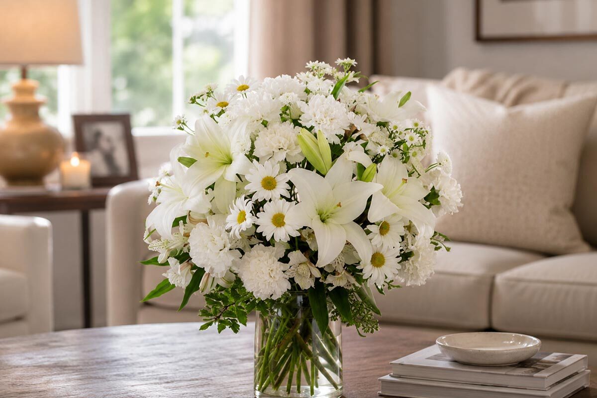 Elegant white sympathy flower arrangement with lilies and daisies displayed on a wooden living room center table.