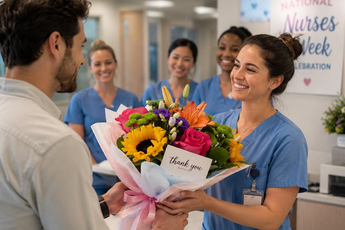 Nurse receiving a colorful flower bouquet wrapped in soft pink and blue paper with a thank-you card during National Nurses Week celebration.