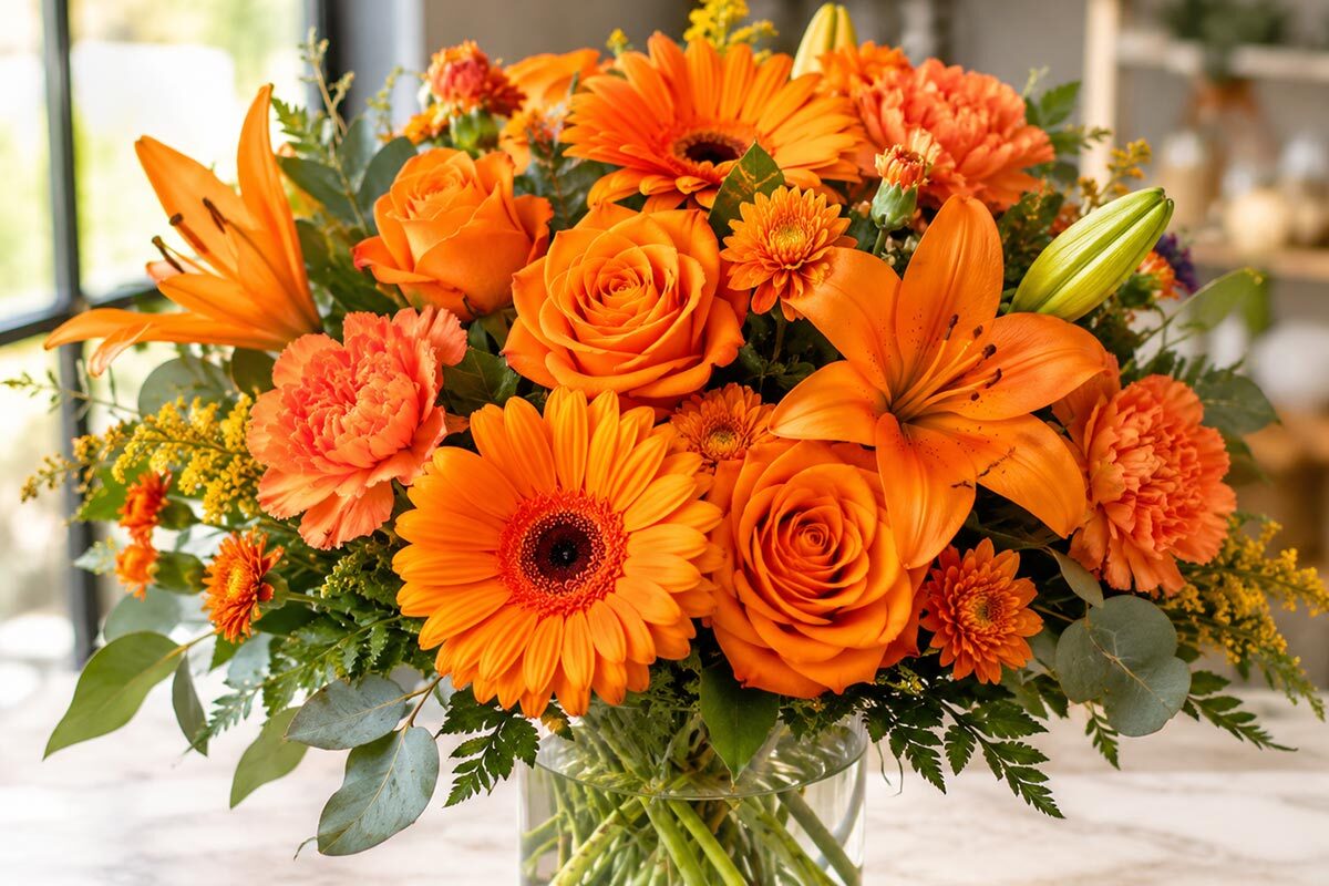 Bright orange flower arrangement with roses, lilies, gerbera daisies, and carnations displayed in a clear glass vase on a marble table.