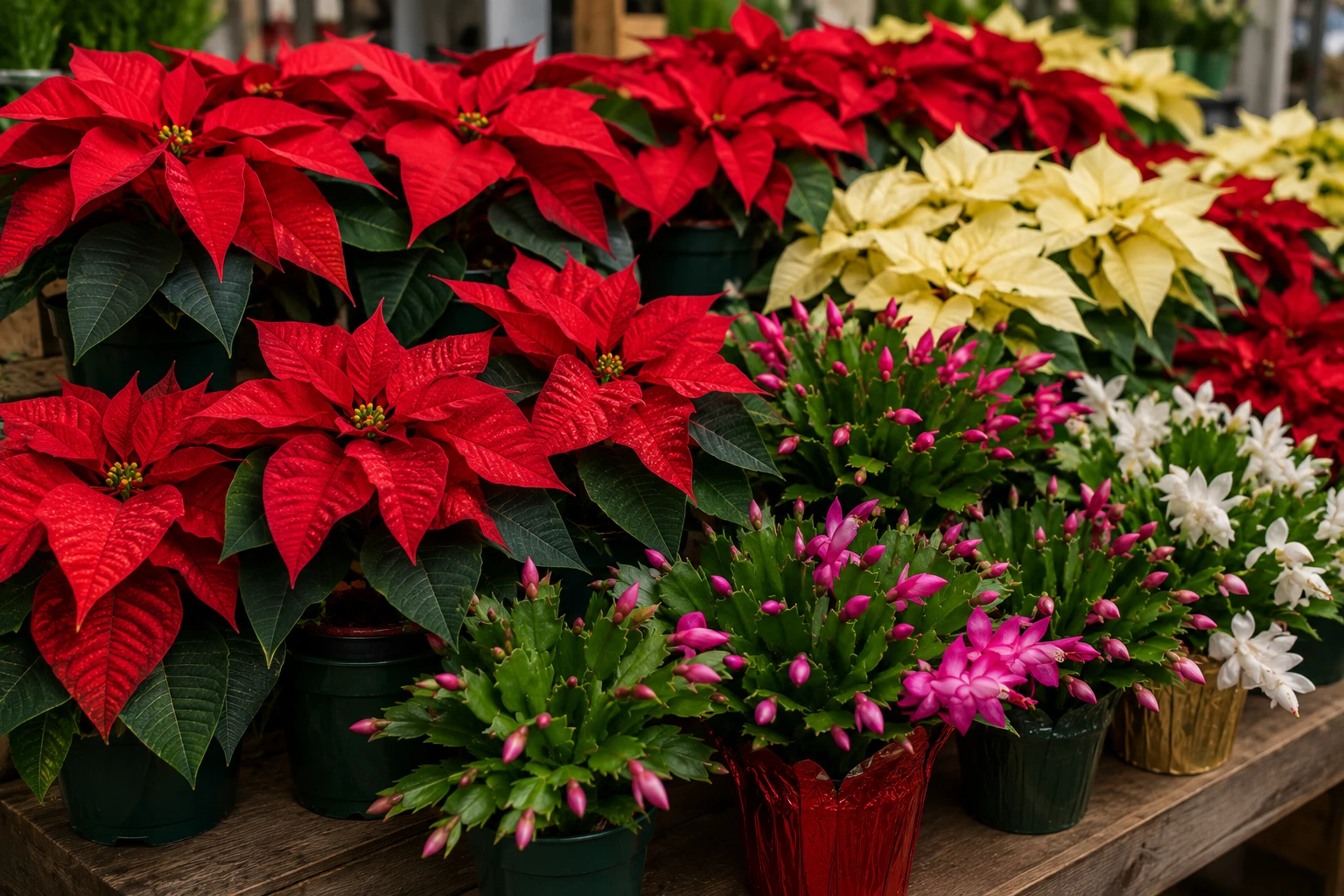 Holiday poinsettias and Christmas cactus