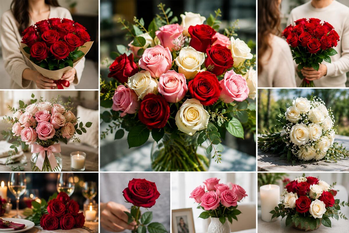 Collage of elegant rose bouquets in red, pink, and white arranged for romantic gifts, celebrations, and everyday floral moments.