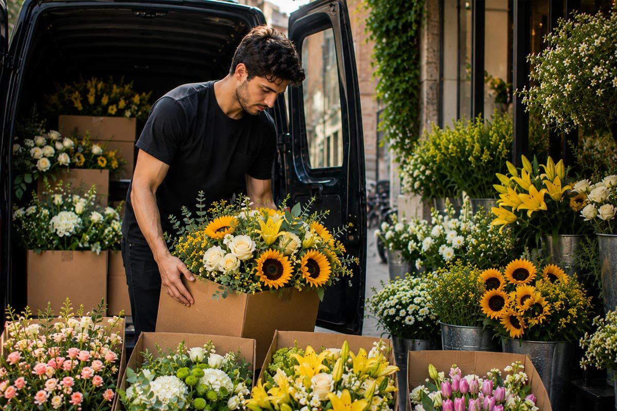 Young man unloading colorful flower deliveries with sunflowers, yellow lilies, roses, tulips, and mixed blooms outside a flower shop.