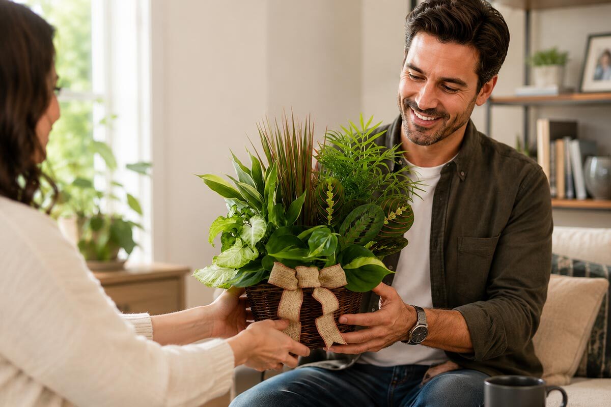 Smiling man receiving a lush green plant basket with natural foliage and a burlap bow in a cozy living room setting.