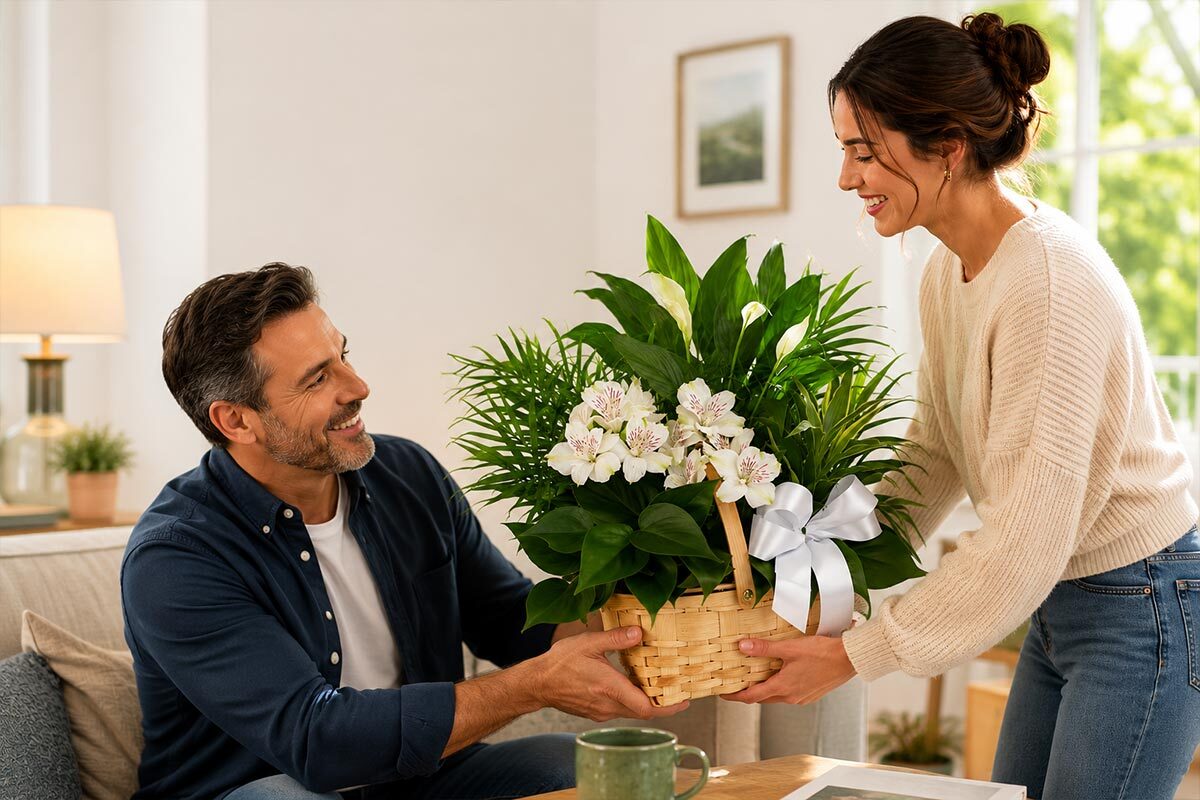 Woman giving a decorative basket plant arrangement with white flowers to a smiling man in a cozy living room setting.