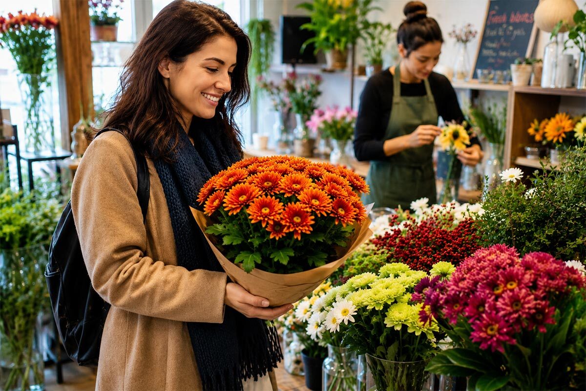 Smiling woman holding a vibrant bouquet of orange chrysanthemums inside a flower shop filled with colorful floral arrangements while a florist works in the background.