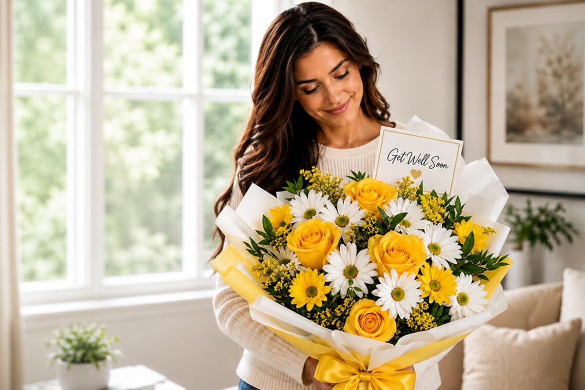 Woman holding a bright yellow rose and daisy bouquet wrapped in white and yellow paper with a Get Well Soon card in a cozy living room.