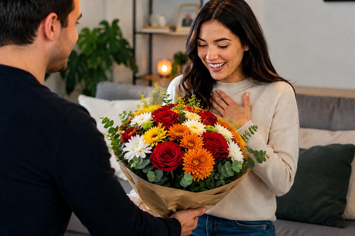 Florist unloading colorful flower deliveries from a van outside a flower shop, featuring vibrant mums, roses, baby’s breath, and assorted fresh blooms displayed in crates and bouquets.