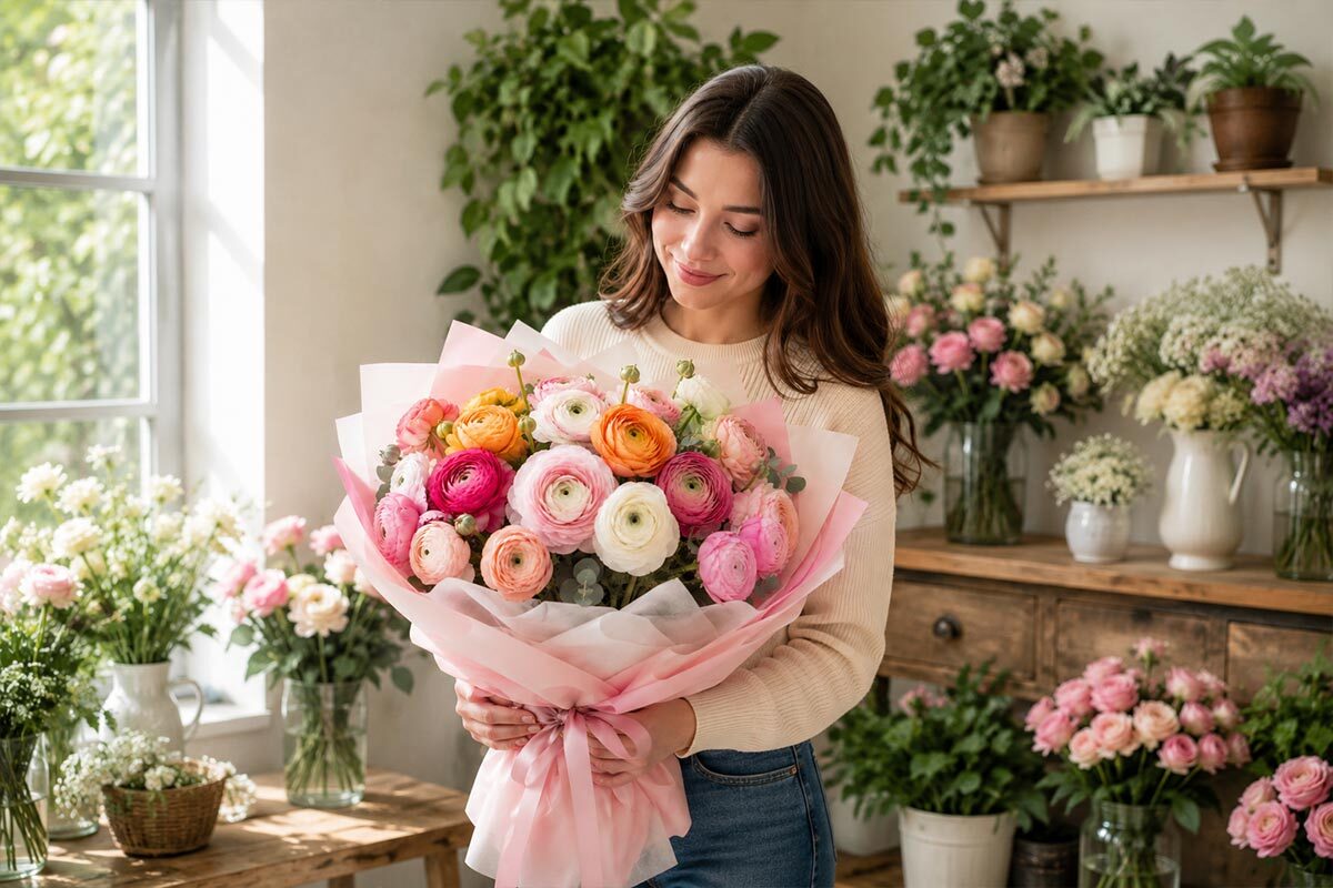 Woman holding a pastel ranunculus bouquet wrapped in pink and white paper inside a bright flower shop filled with fresh floral arrangements.