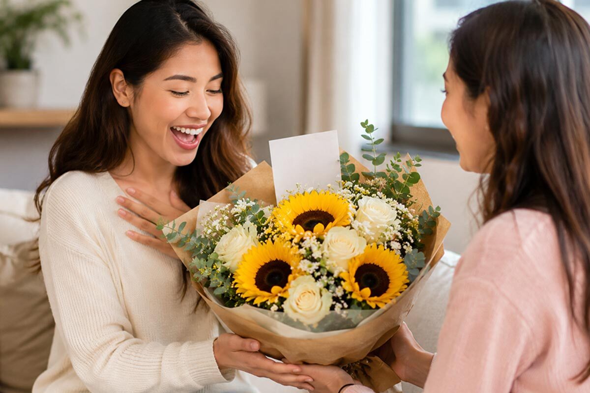 Young woman smiling as she receives a sunflower and white rose bouquet with a congratulatory card from her friend in a cozy living room.