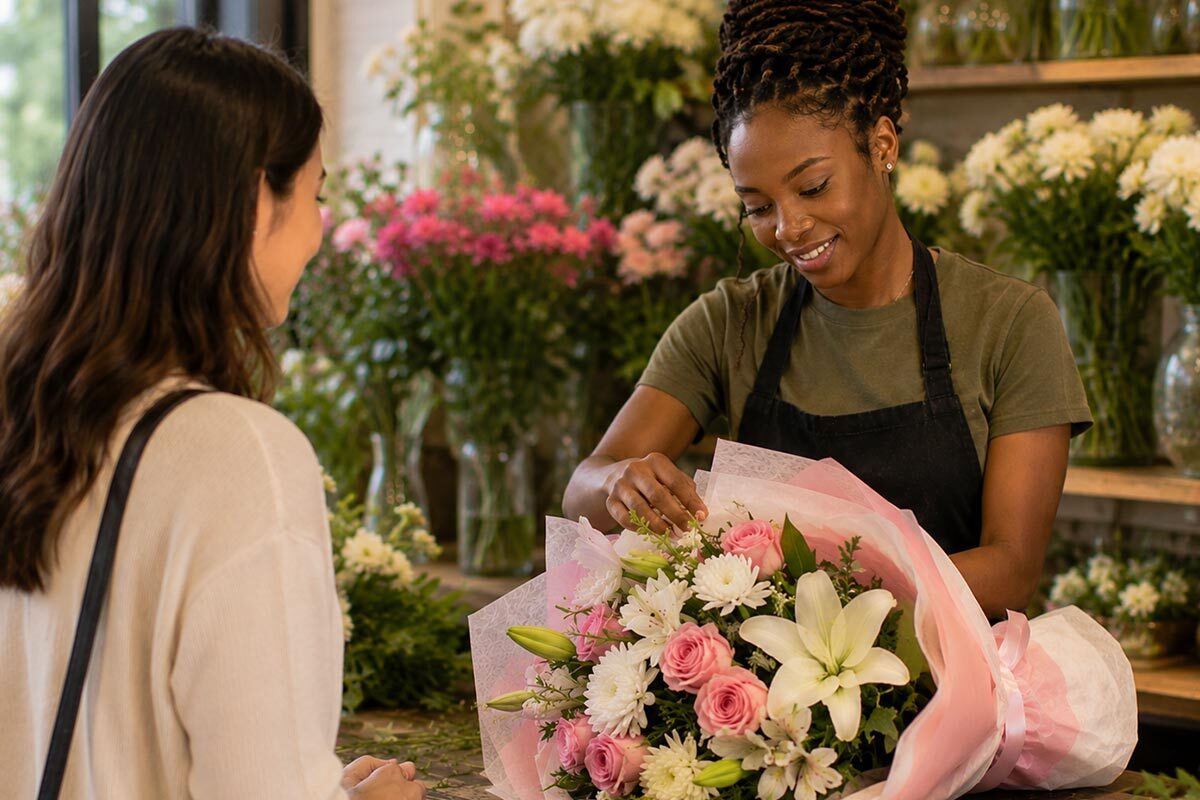 Florist arranging a pink and white flower bouquet wrapped in soft pink paper while a customer waits inside a cozy flower shop.