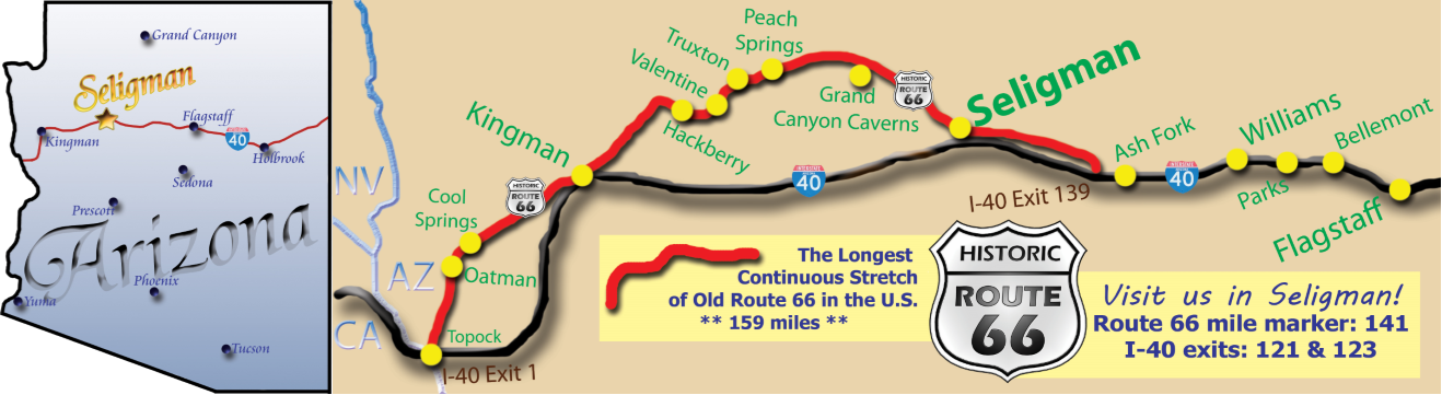 Where is Seligman Arizona? Here it is. Come visit the Birthplace of Historic Route 66 along the longest remaining stretch of Route 66 in the USA.