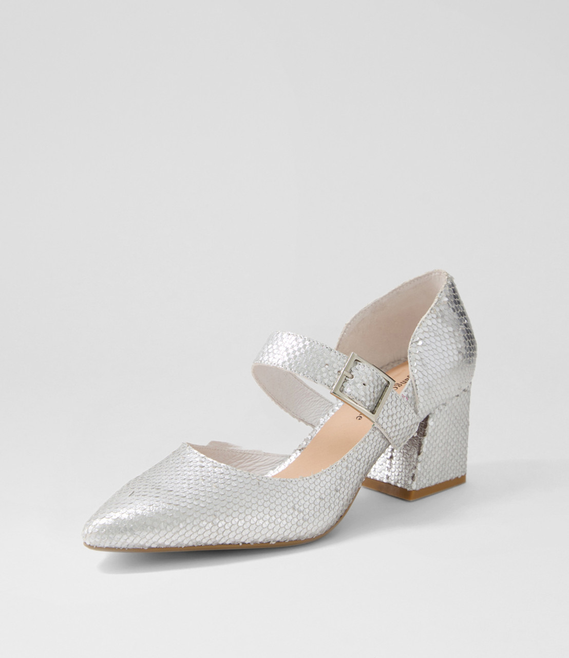 Milling Silver Small Cut Leather Mary Jane Heels by Django & Juliette |  Shop Online at Styletread NZ