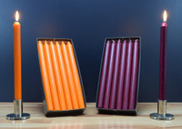 Set of 12 Kiri 12" Dinner Candle Tapers. Orange taper candles and plum taper candles.