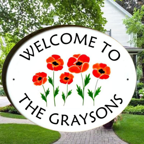 Ceramic Porcelain Address Plaques Poppies Welcome Plaque for Home - Oval