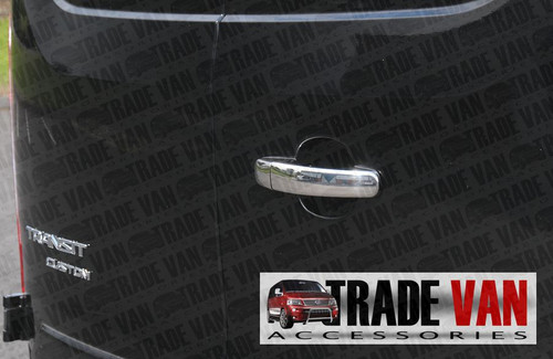 Ford Transit Custom rear door handle covers set in Polished Chrome look stainless steel for TWIN REAR DOORS ONLY. Great upgrade and custom Van Accessory online from Trade Van Accessories.