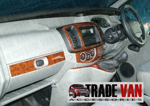 Vauxhall Vivaro Dash Kit in Mahogany wood look. Renault Trafic Dashboadr and Primastar Dash kits use the same model and part number as Vauxhall Vivaro Dashboard accessories.