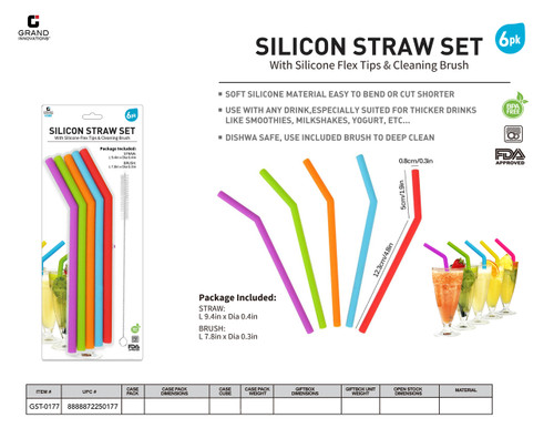 GRAND INNOVATIONS 6PCS REUSABLE SILICON STRAW SET