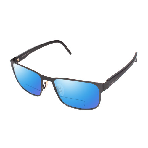 Profile View of Porsche Design P8291-A-55 Designer Polarized Reading Sunglasses with Custom Cut Powered Blue Mirror Lenses in Gun Metal Grey&Gloss Black Unisex Square Full Rim Titanium 55 mm