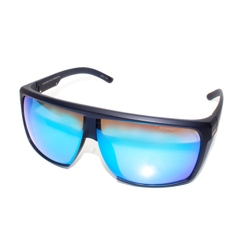 Profile View of Porsche Design P8597-C-69 mm Square Sunglasses Matte Black&Gun Metal/Blue Mirror