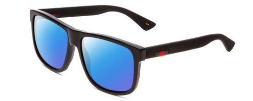 Profile View of GUCCI GG0010S Designer Polarized Sunglasses with Custom Cut Blue Mirror Lenses in Gloss Black on Matte Unisex Retro Full Rim Acetate 58 mm