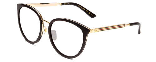 Profile View of GUCCI GG0077SK Designer Progressive Lens Blue Light Blocking Eyeglasses in Gloss Black Gold Logo Ladies Cateye Full Rim Acetate 56 mm with Blue Light Zone functionality illustration laid over the lens