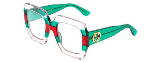 Profile View of GUCCI GG0178S Designer Progressive Lens Blue Light Blocking Eyeglasses in Crystal Green Red Gold Logo Ladies Oversized Full Rim Acetate 54 mm with Blue Light Zone functionality illustration laid over the lens