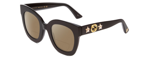 Profile View of GUCCI GG0208S Designer Polarized Reading Sunglasses with Custom Cut Powered Amber Brown Lenses in Gloss Black Gold Logo Silver Star Ladies Cateye Full Rim Acetate 49 mm