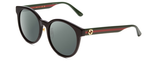 Profile View of GUCCI GG0416SK Designer Polarized Sunglasses with Custom Cut Smoke Grey Lenses in Gloss Black Red Stripe Green Gold Ladies Round Full Rim Acetate 55 mm