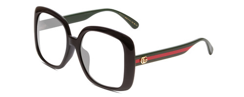 Profile View of GUCCI GG0714SA Designer Blue Light Blocking Eyeglasses in Gloss Black Red Stripe Green Gold Logo Ladies Oversized Full Rim Acetate 56 mm