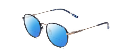 Profile View of Ernest Hemingway H4853 Designer Polarized Reading Sunglasses with Custom Cut Powered Blue Mirror Lenses in Metallic Blue Patterened Silver Multi-Colored Tips Unisex Round Full Rim Stainless Steel 51 mm