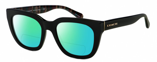Profile View of COACH HC8318 Designer Polarized Reading Sunglasses with Custom Cut Powered Green Mirror Lenses in Black Gold Colorful Stripes Ladies Cat Eye Full Rim Acetate 52 mm