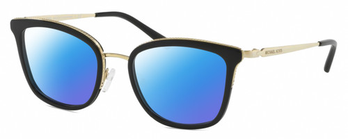 Profile View of Michael Kors MK3032 Designer Polarized Sunglasses with Custom Cut Blue Mirror Lenses in Gloss Black Gold Ladies Panthos Full Rim Metal 51 mm