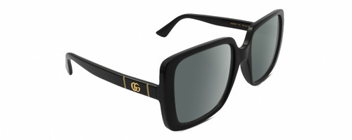 Profile View of Gucci GG0632S Designer Polarized Sunglasses with Custom Cut Smoke Grey Lenses in Gloss Black Gold Ladies Square Full Rim Acetate 56 mm