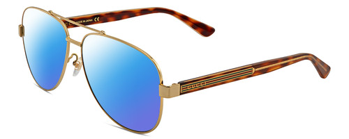 Profile View of Gucci GG0528S Designer Polarized Sunglasses with Custom Cut Blue Mirror Lenses in Gold Tortoise Havana Unisex Pilot Full Rim Metal 63 mm