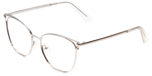 Profile View of Book Club Dutiful Scammed Designer Reading Eye Glasses with Custom Cut Powered Lenses in Gloss Silver Ladies Cat Eye Full Rim Metal 55 mm